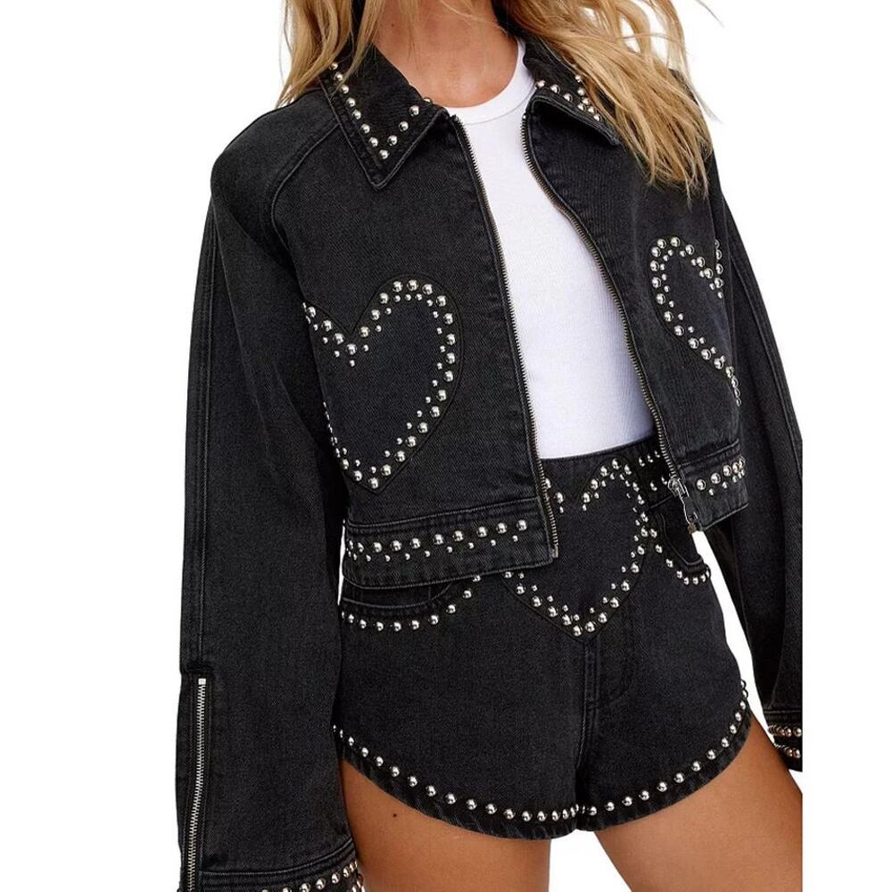 Nasty Gal Heart Studded Cropped Denim Jacket & Shorts Matching Set NWT